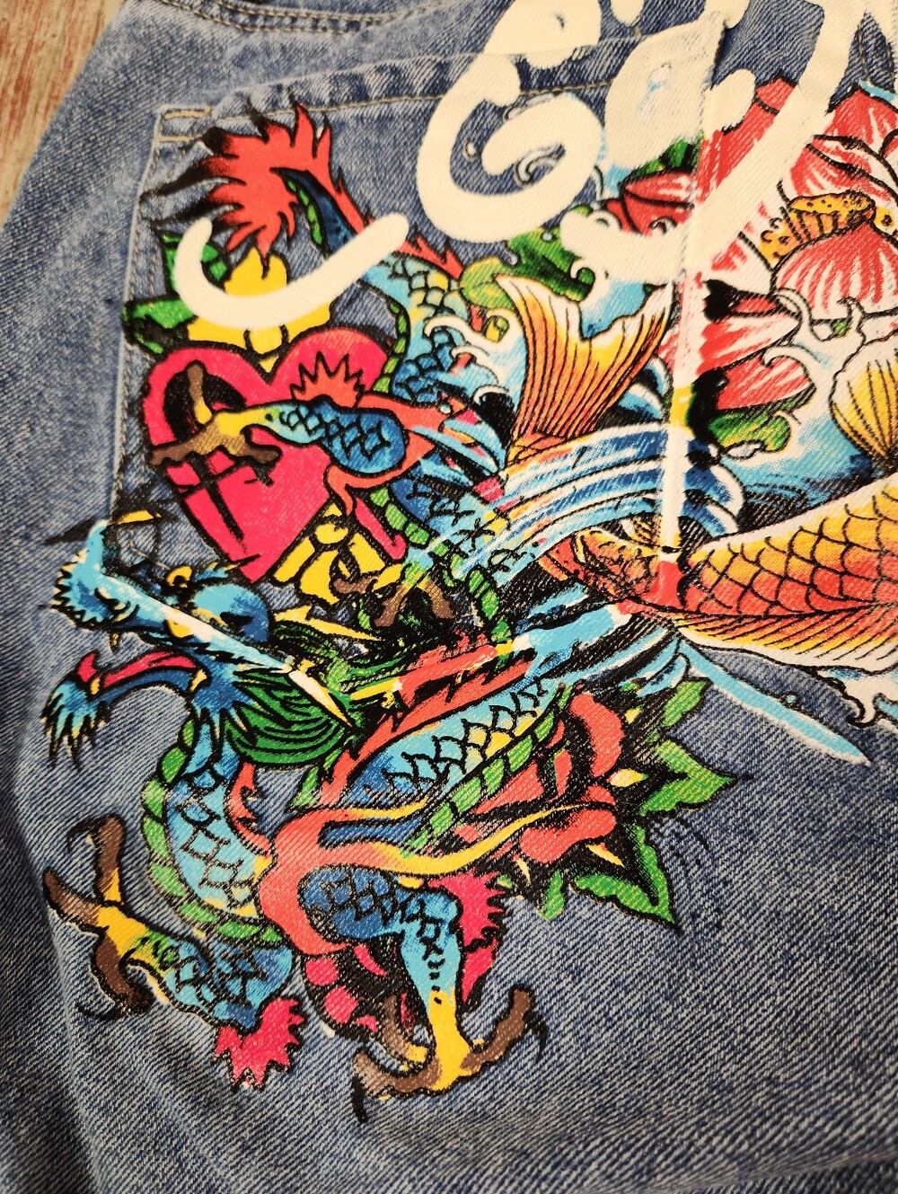 Ed Hardy Dragon Koi Tiger Tattoo Graphic Baggy Wide Leg Jeans Size 30 - Picture 4 of 14